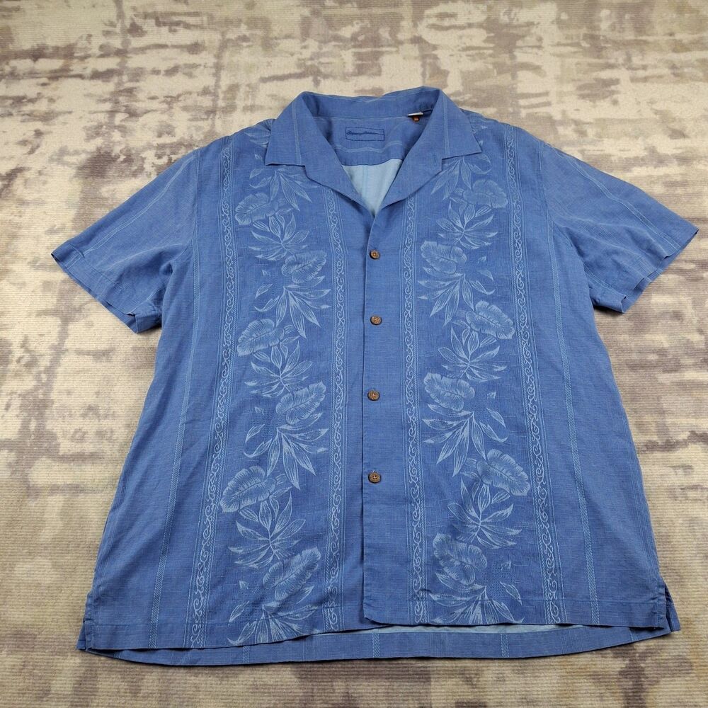 Tommy Bahama Palm Fresco Shirt Mens XXL Blue 100 Silk Jacquard Tropical Camp